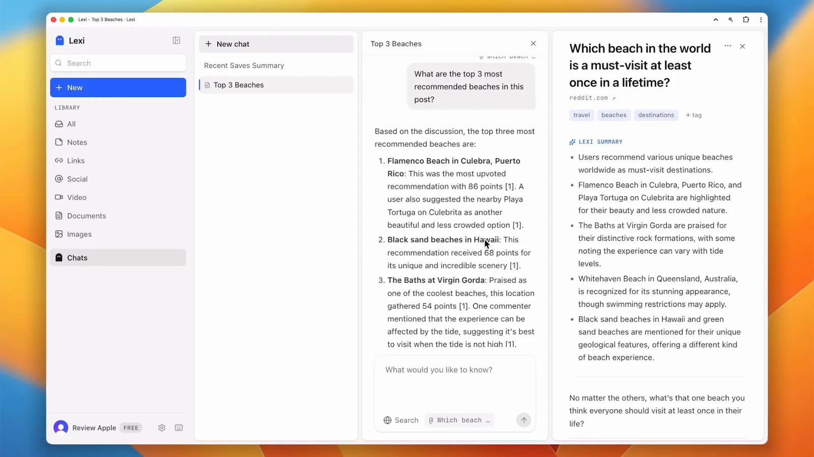 A Sensefold chat answer with numbered citations, next to the saved Reddit post it drew from